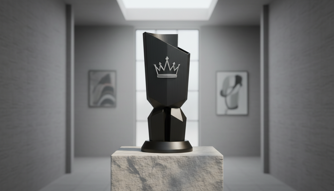 A sleek, matte-finished black trophy with a finely engraved silver crown emblem on its face, symbolizing athletic achievement and transformation. The trophy stands atop a minimalist stone pedestal, set within a quiet, sophisticated interior marked by subtle muted grays and gentle gradients along soft-textured walls. Diffused natural daylight streams in from an unseen skylight, casting elegant, understated highlights and delicate shadows that enhance the refined details. The composition is centered in the frame, captured at eye level with sharp focus throughout and a shallow background blur to maintain emphasis on the subject. The atmosphere feels calm, aspirational, and polished, with a photographic realism and minimalist design aesthetic supporting the platform’s sophisticated, achievement-driven ethos.