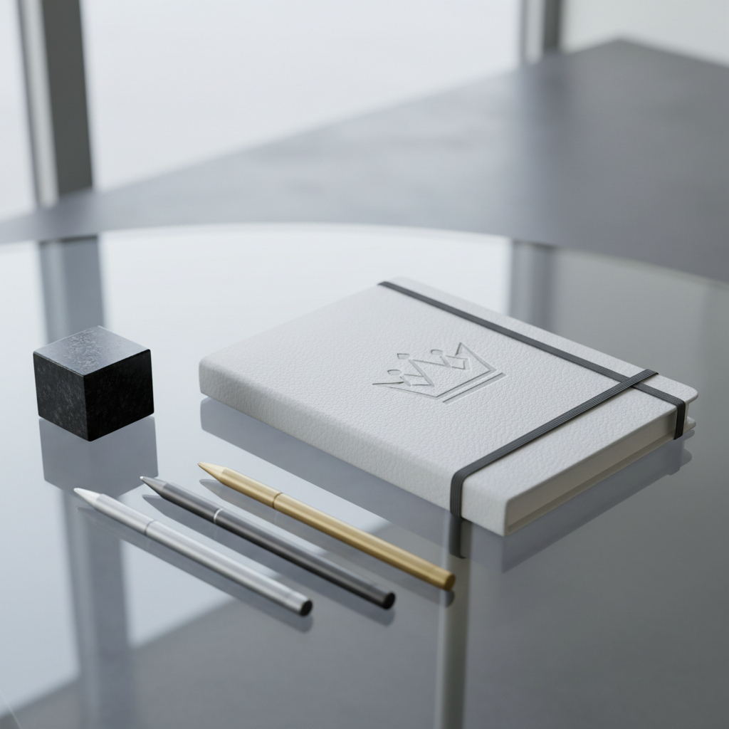 An immaculate, textured white leather sports journal, closed and bound with a slim, slate-grey elastic band, featuring an embossed abstract crown motif on the cover. The journal rests on a smooth glass tabletop, surrounded by neatly arranged metallic pens and a single black granite paperweight. Soft, overcast daylight from a large, unseen window wraps the scene in a subdued, harmonious glow, generating faint, elegant reflections on the glass surface. Photographed from a slightly elevated angle with the journal centered and a gentle gradient fading into the background. The mood is one of clarity and inspiration, embodying a refined, modern photographic minimalism perfect for a conscientious athlete platform.